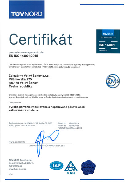 Certifikát ŽELEZÁRNY Velký Šenov s.r.o.